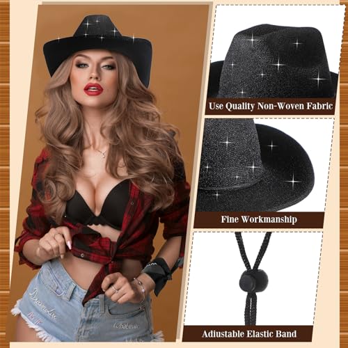 Image of Coume 12 Pcs Sparkly Adults Cowboy Hat and Bandanas Women Men Western Glitter Cowgirl Party Hats with Adjustable Drawstring