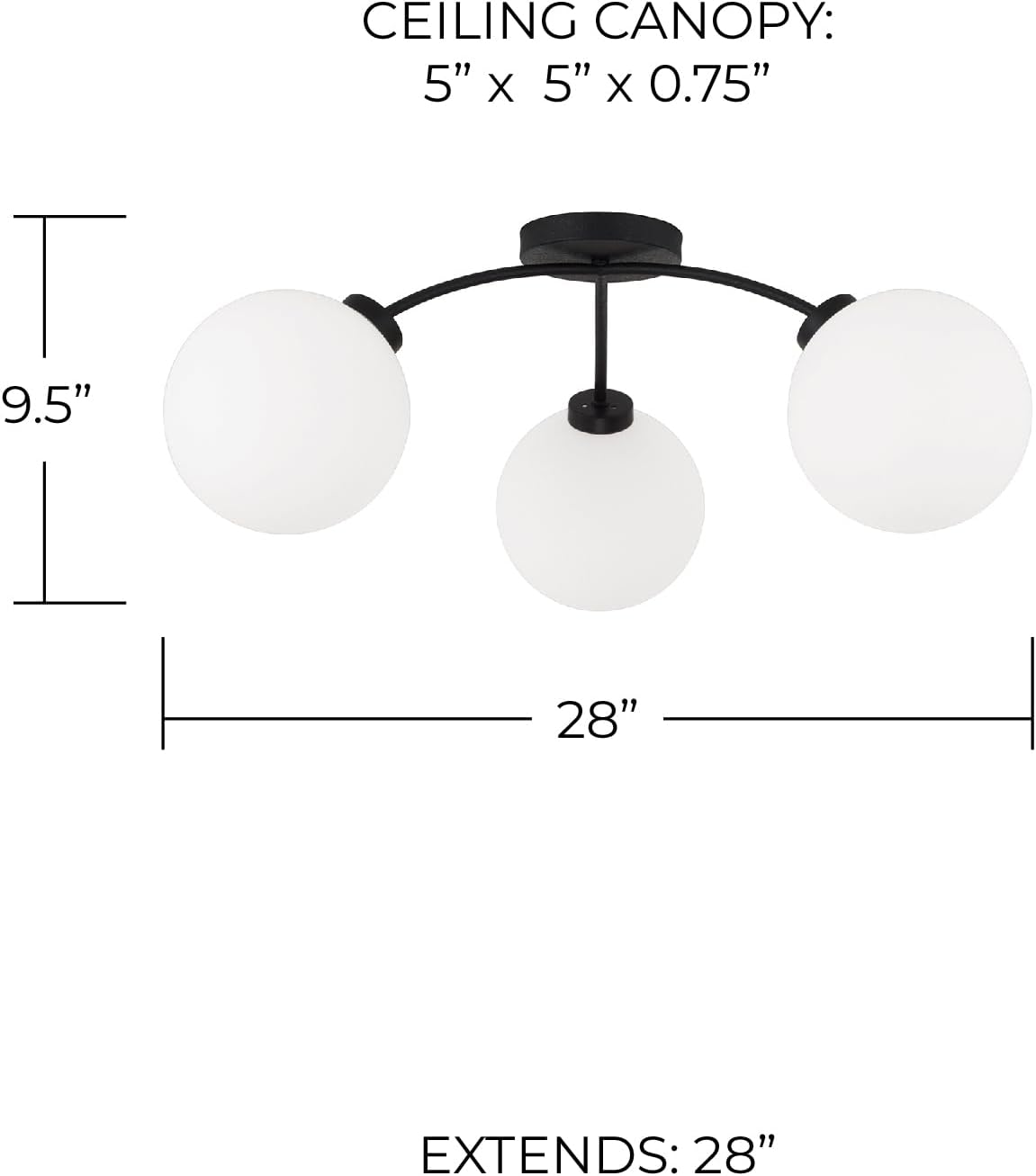 Capital Lighting 257131BI-557 Amos Modern Soft White Glass Globes Semi-Flush Ceiling Light, 3-Light 180 Total Watts, 10" H x 28" W, Black Iron