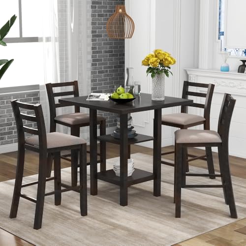lafengyan Modern Wooden Dining Set with Upholstered Chairs and Built-in Storage Shelving for Compact Living Spaces (Espresso + Solid Wood)