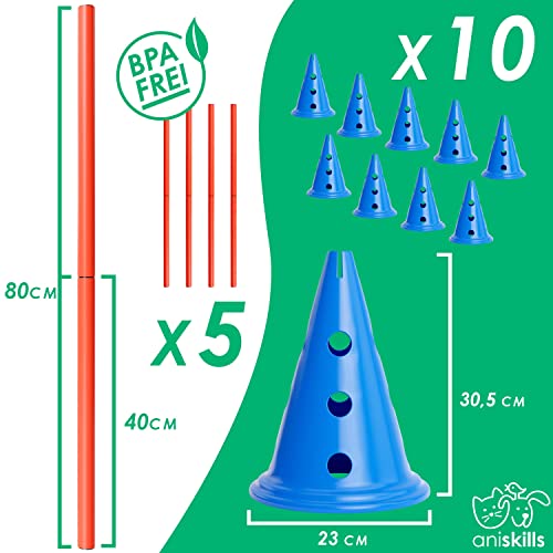 ANISKILLS® - Premium Agility Set - 10 Blaue Kegel 30,5cm hoch, 5 orangene Stangen 80cm lang - Flexibles Koordinationstraining - Hunde Parcour und Hürden Set - Agility Set - deutsches Unternehmen