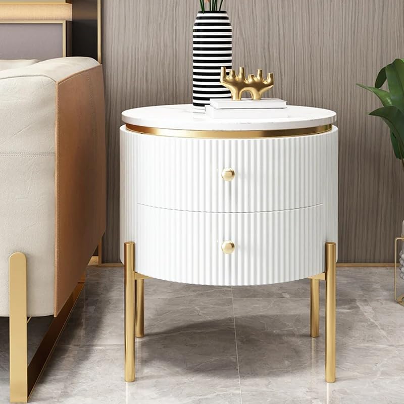 Image of Spain Bedside Table with 2 Drawers, 18x18x18 Inch, Round Sintered Marble Top, Gold Metal Legs & Handle, Waterproof Plywood Body, Modern Side Table for Sofa /Bedroom (White)