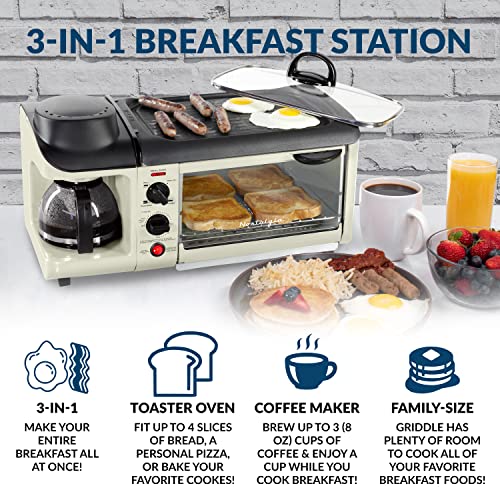 Nostalgia 3-In-1 Breakfast Station - Includes Coffee Maker, Non-Stick Griddle, And 4-Slice Toaster Oven - Versatile Breakfast Maker With Timer - Cream #TOP1