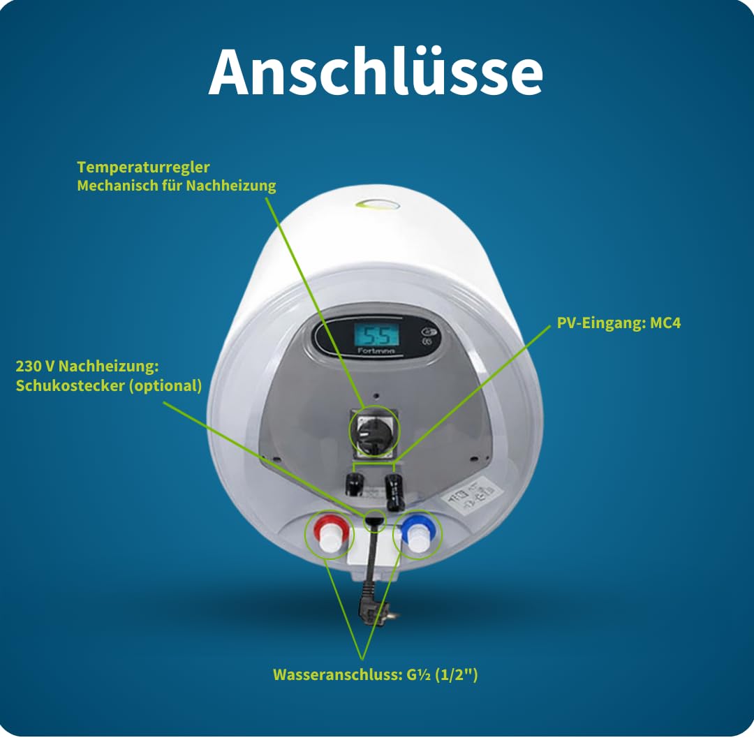 Fothermo® 80 L Photovoltaischer Hybrid-Warmwasserspeicher | PV-Boiler mit MPP-Tracker | 550 W Solar + 1.500 W 230 V Nachheizung | MC4 | 65 °C