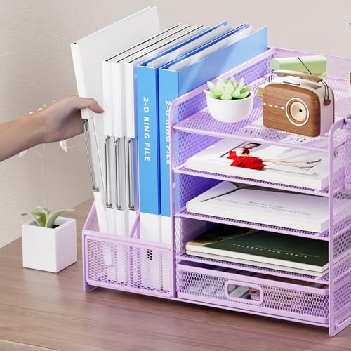 Image of Marbrasse Desk Organizer with File Holder, 5-Tier Paper Letter Tray Organizer with Drawer and 2 Pen Holder, Mesh Desktop Organizer and Storage with Magazine Holder for Office Supplies(Purple)