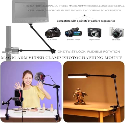 Image of 20 inch Magic Arm Clamp Kit with 1 /4 inch & 3 /8 inch Thread Clamp,Adjustable Friction arm- Articulating arm,with /Phone Clip /Tripod Mount Adapter,for Action Camera /DSLR /LCD Monitor /LED Lights /Cell Phone