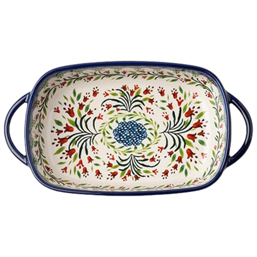Baking Dish, 730ml Heat-resistant Ceramic Oven Dish with Dual Handles, Flower Print Rectangle Lasagne, Non Slip Washable Casserole Dishes for Oven..