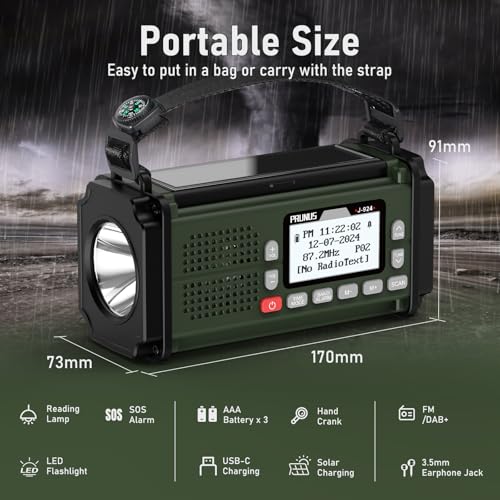 Image of PRUNUS J-924 10000mAh Hand Crank Radio Solar, Battery Powered and USB Charging Emergency, AM /FM /SW, Torch & Reading Light, SOS Alarm, Bluetooth /Micro SD Card /USB Drive, Compass for Camping（Green）