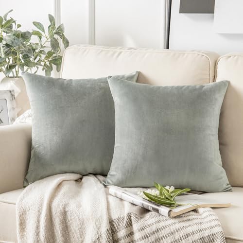 Image of Phantoscope Pack of 2 Velvet Decorative Throw Decorative Pillow Cover Soft Solid Square Cushion Case for Couch Mist Grey 18 x 18 inches 45 x 45 cm