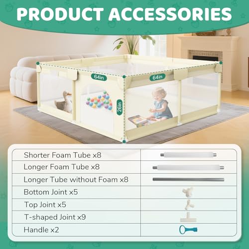 Image of Baby Playpen 64x64 Inch for Babies and Toddlers Indoor & Outdoor | Large Baby Play Yard, Safe & Sturdy, Easy-Assembly, Non-Slip, Easy to Clean, Lightweight, External Zipper Door, Beige