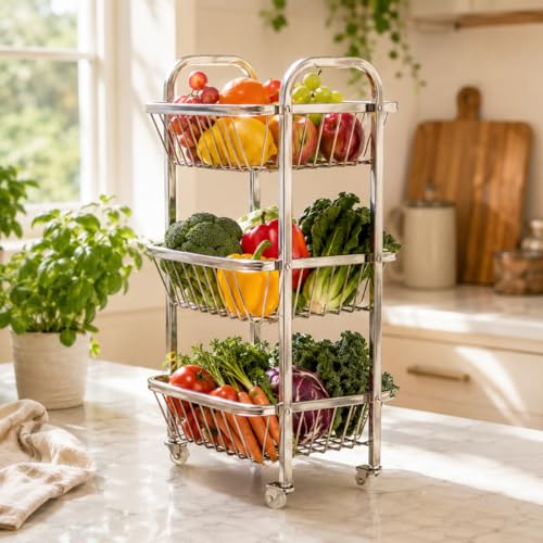 Image of Pigeon Stainless Steel Kitchen Trolley with Wheels 3-Tier | Multi-Layer Storage Rack for Fruits & Vegetables | Heavy-Duty, Rust-Proof, & Durable | Space-Saving Organizer for Home & Kitchen