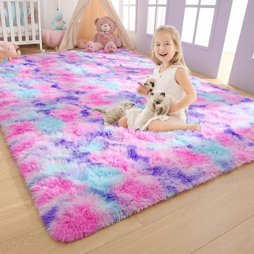 AROGAN 8x10 Feet Soft Rainbow Area Rugs for Kids Girls Room, Fluffy Cute Colorful Princess Carpet for Kids Teens Nursery Toddler,Bedroom, Hot Pink - Thumbnail 2
