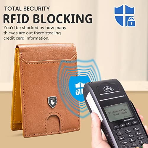 Image of GSOIAX Mens Slim Wallet RFID Blocking Bifold wallets for men Minimalist Genuine Leather Carbon Fiber Card Holder Money Clip Thin Mens with Gift Box (Brown and Yellow)