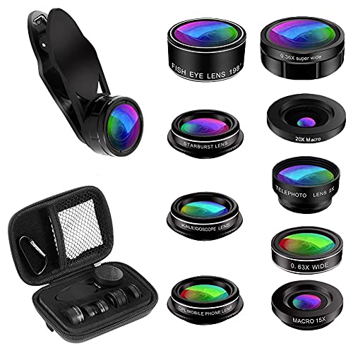 Phone Camera Lens Kit, 9 in 1 Zoom Telephoto Lens+198Â° Fisheye + 20X Macro Lens + 15X Macro Lens + 0.63X Wide Lens +0.36X Super Wide-Angle + CPL +Kaleidoscope Lens +Starburst Lens