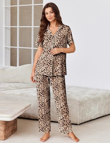 Image of Ekouaer Pajamas for Women Set Button Up Short Sleeve Pjs Sets With Pockets | Soft Womens Sleepwear,V Neck,Notch Collar,2 Piece Classic Loungewear With Long Pant for Sleep,Lounge,Fall