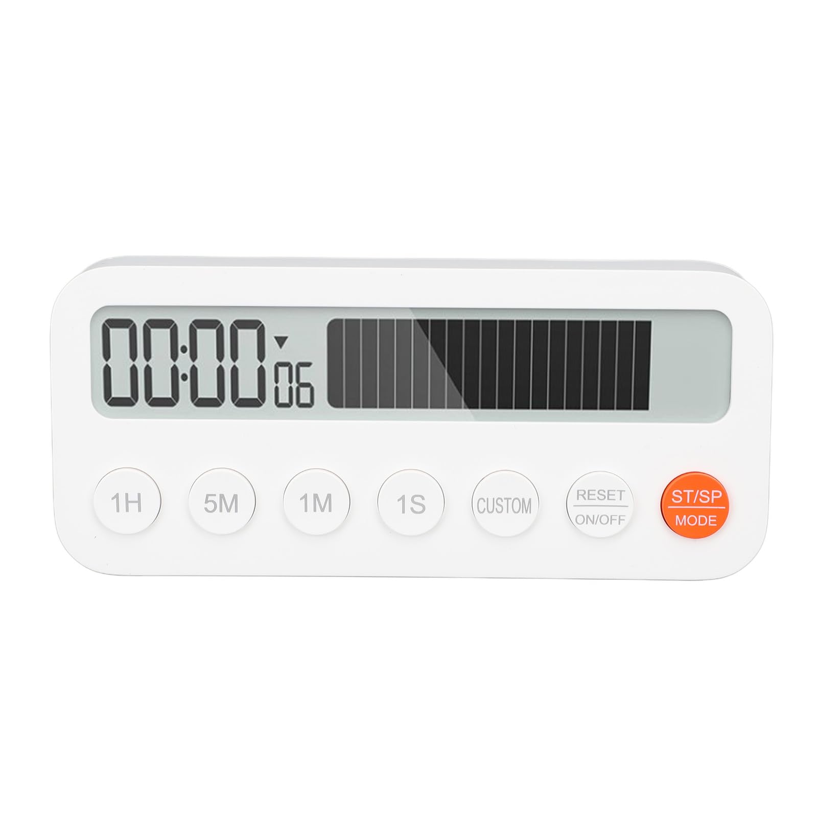 Close-up of the FLEXMAN Digital Kitchen Timer showing the volume switch and buttons