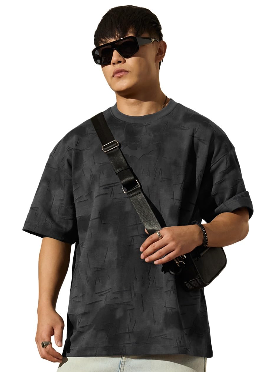 the souled store Batman: Dark Logo Men and Boys Short Sleeves Round Neck Black Printed Polyester Blend Oversized Vintage Wash Comfortable Drop Shoulder Streetwear T-Shirts-picture-25