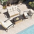 LAUSAINT HOME 4-Piece Patio Conversation Set, Comfortable Oversized Outdoor Furniture Set with Soft Cushion and Storage Metal Coffee Table for Backyard, Porch, Garden and Poolside, Beige