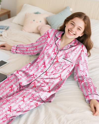 Girls Pajamas Silk PJS Set Satin Sleepwear Long Sleeve Jammies for Kids Button-Down Nightwear Loungewear 3-16 Years3