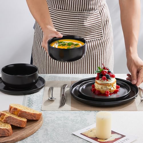 Joyfair Geschirrset 6 Personen, 18-tlg Steinzeug Tafelservice Set, Reaktive Glasur Geschirr Set mit Speiseteller, Dessertteller, Müslischalen, Mikrowellen- & Spülmaschinenfest, Abyssal Schwarz