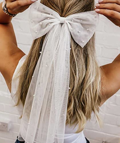 Accesorio para cabello con moño y velo nupcial perlas miniatura 3