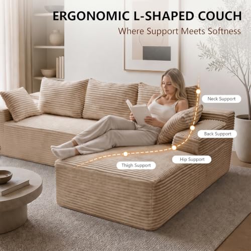Image of 106.3 inch L Shaped Boneless Sectional Corduroy Couches for Living Room (Camel)