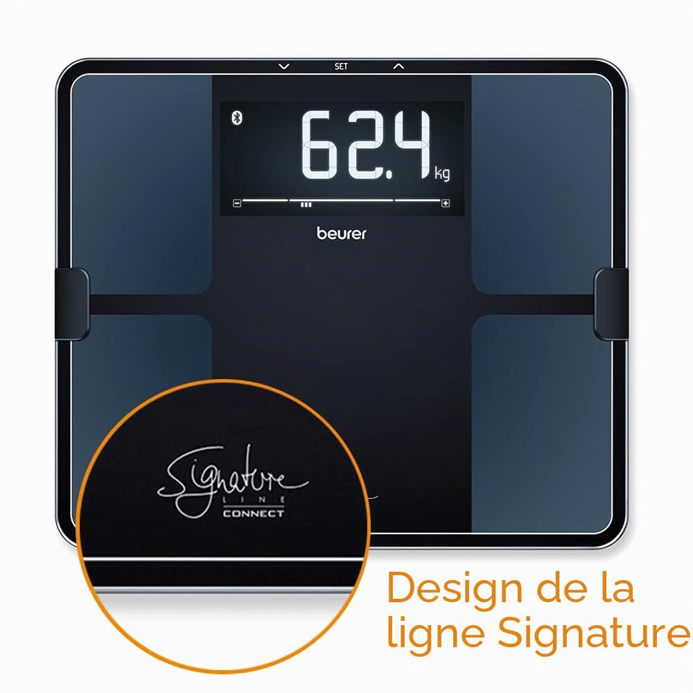 Beurer BF 915 Balance de diagnostic, analyse corporelle précise, mesure de la graisse corporelle, avec écran XXL éclairé, capacité de charge jusqu'à 200 kg, connexion à l'application incluse