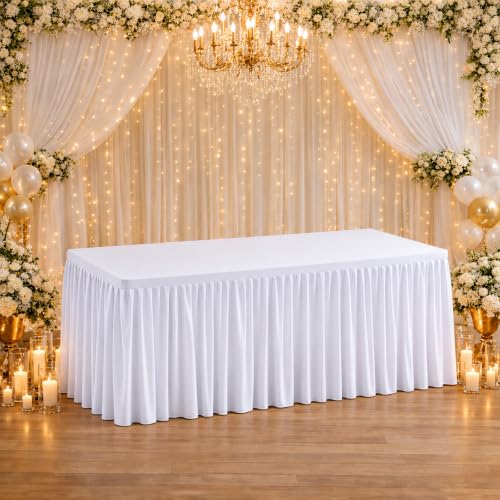 Image of Ruffle Table Cover White Microfiber 48x39 Inch (4x3 ft), Pack of 1 - Wrinkle Resistant Banquet Table Skirt, 30 Inch Height, 2.5 ft Drop for Wedding, Party & Event Decoration