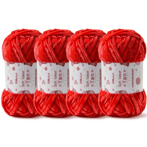Image of 4x100g Fluffy Velvet Chenille Yarn for Crocheting and Knitting, 4x80m (87.5yd) Baby Yarn for Crocheting Soft, Crochet Chunky Yarns Amigurumi Yarns (4 Red)