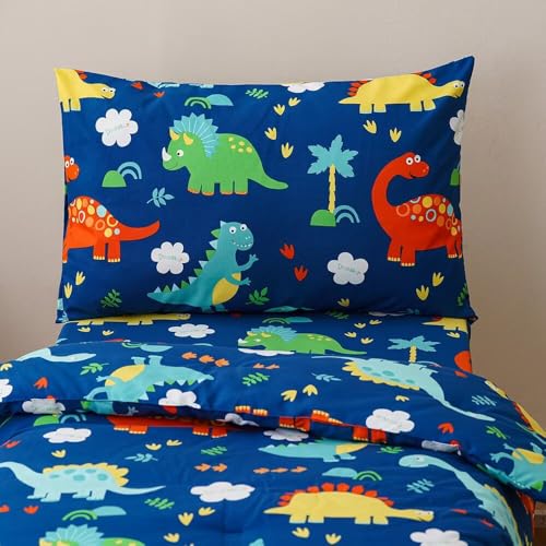 Image of CLOTHKNOW Dinosaur Toddler Bedding Sets for Boys Girls 4Pieces Blue Bedding Sets Cartoon Cute Animal Pattern Comforter Sets Soft Crib Bed Sets