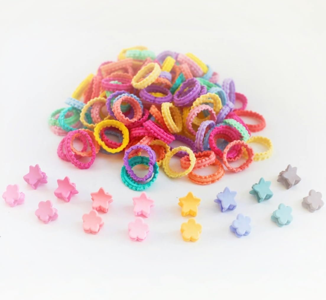 100PCS Elastics Hair Ties,Toddler Hair Soft Finger Baby Rubber Bands,Multicolor Ponytail Holder Hair Accessories With Start And Flower Hair Clip for Kids and Girls