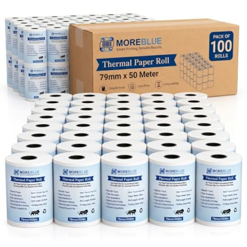 Image of MOREBLUE Direct Thermal Receipt Paper 79mm x 50m Pack of 100, High Quality POS Billing Rolls for Retail & Restaurants