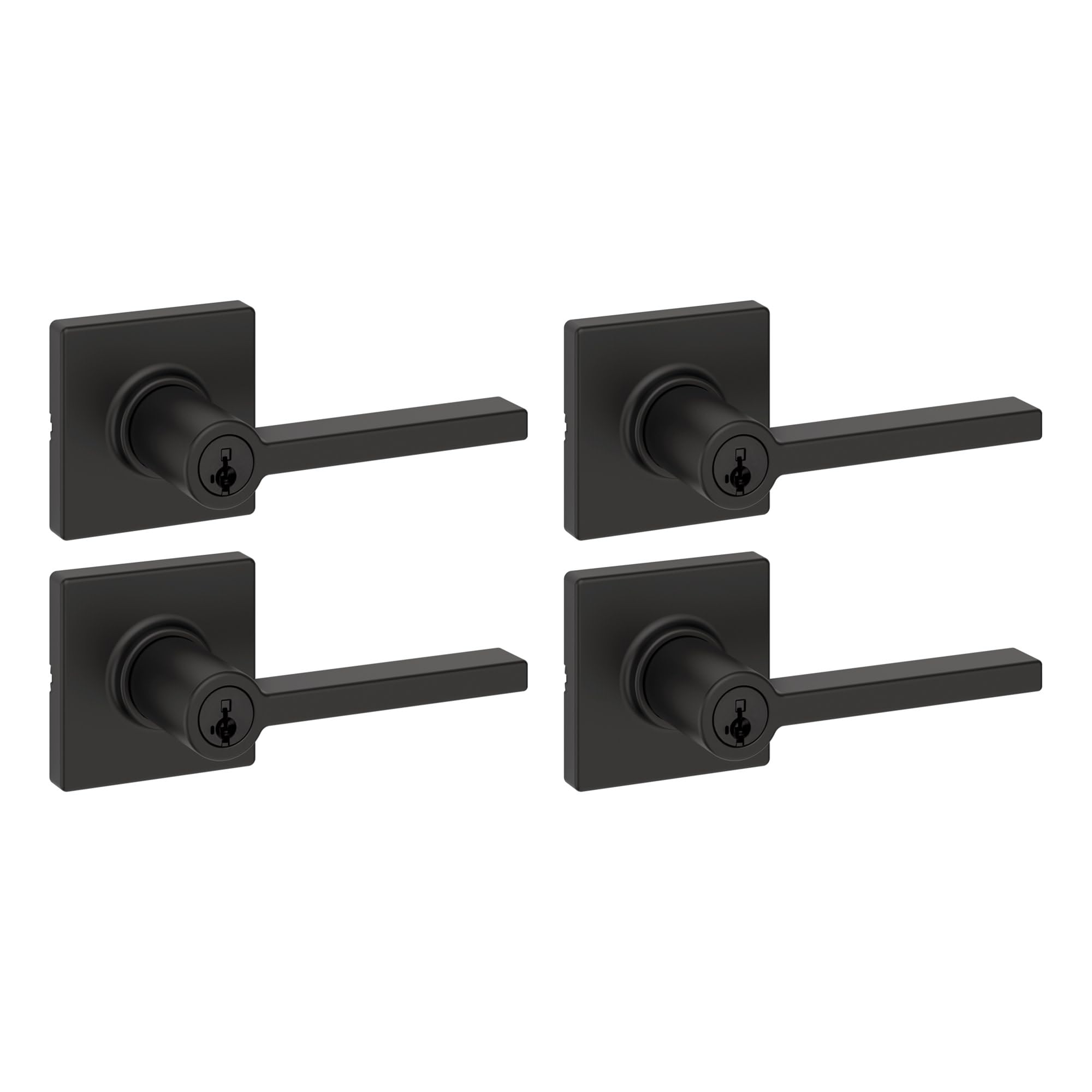 Kwikset Casey Entry Door Handle with Lock and Key, Secure Keyed Reversible Lever Exterior, for Front Entrance and Bedrooms, Matte Black, 4 Pack, Pick Resistant SmartKey Rekey Security and Microban
