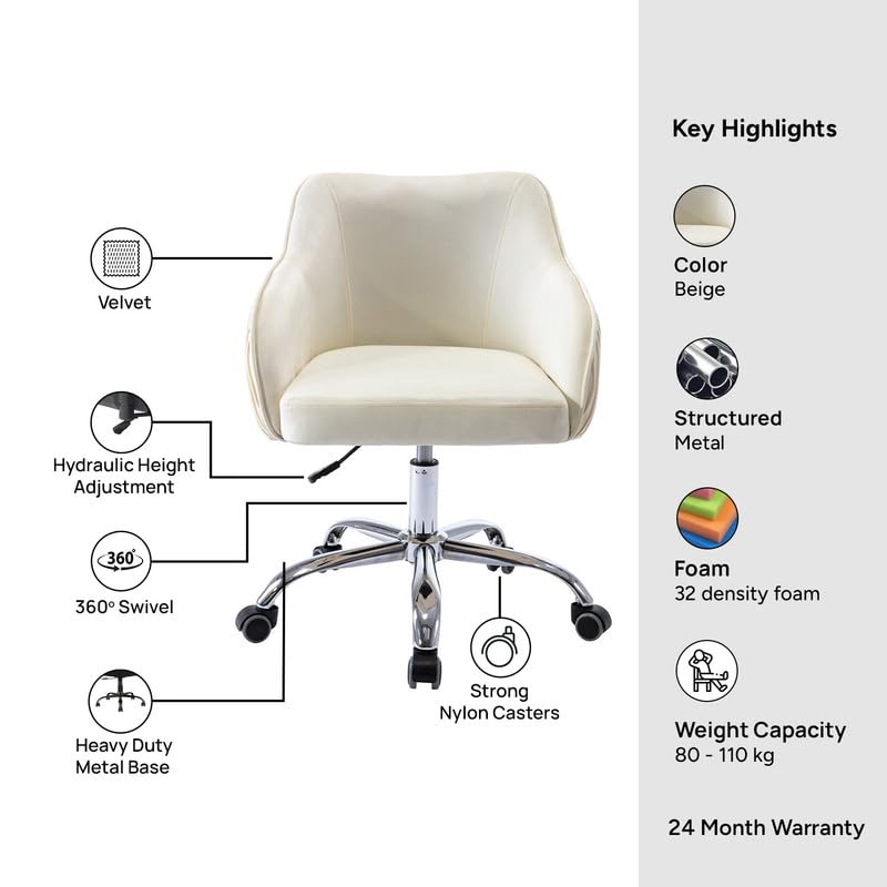 Image of Velvet Office Chair for Home & Office | 360 Swivel Ergonomic Study Armchair | 1-Seater Revolving Computer Desk Chair | Sofa Chair for Adults & Students | White 17 inch Inche Height
