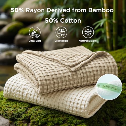 Image of Bedsure Cooling Cotton Waffle Weave Throw Blanket - Lightweight Breathable Blanket of Rayon Derived from Bamboo for Hot Sleepers, Luxury Throws for Bed, Couch and Sofa, Warm Taupe, 50x70 Inches