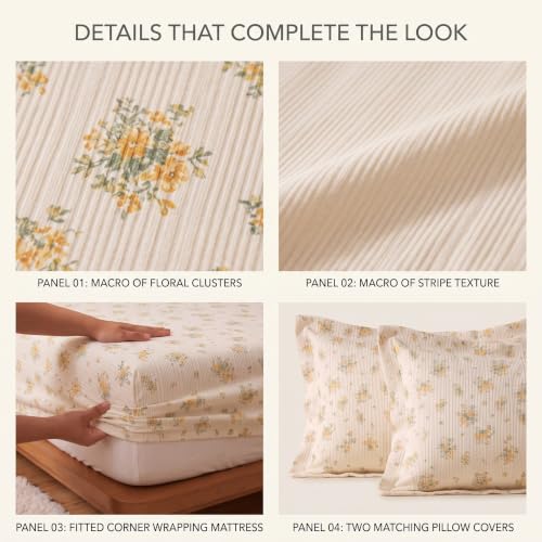 Image of VAS COLLECTIONS 240 TC Premium Fitted Bedsheet, Floral Printed King Size Elastic Deep Pocket Mattress Cover, Soft Breathable Bed Sheet for Bedroom, 72 x 78 + 10 Inches (183 x 198 + 25 cm) - Mustard