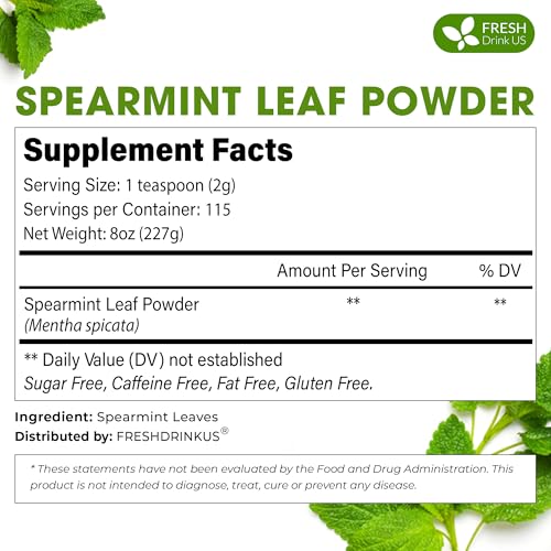 Image of FreshDrinkUS, Premium 16oz Spearmint Powder, 100% Natural & Pure, Herbal Tea, Daily Infusion Botanical, No Sugar, No Caffeine, No Gluten, Vegan. Balance and Fresh.