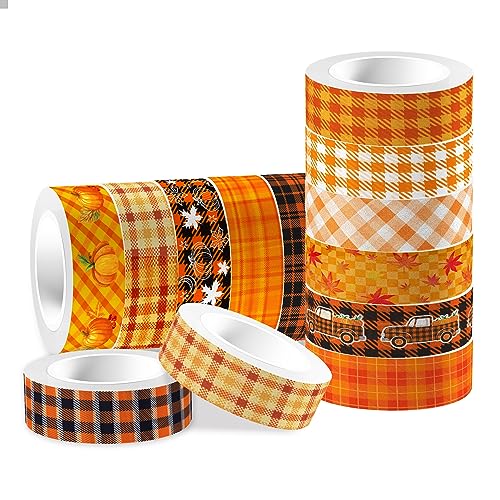 MOZUI 12 Rolls Fall Plaids Washi Tape Autumn Maple Leaves Pumpkin Masking Washi Tape 15mm Thanksgiving Harvest Decorative Tape Sticker for Scrapbook Journal DIY Craft Gift Wrapping