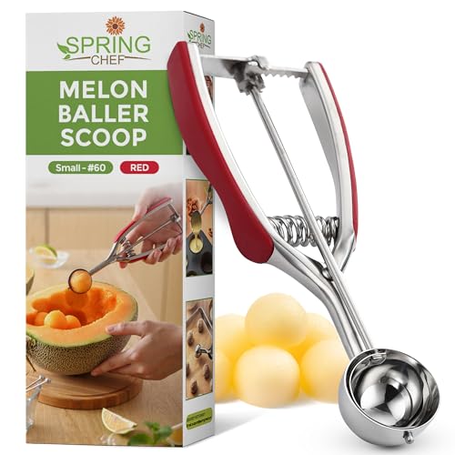 Image of Spring Chef Red Small 1 Tbsp Stainless Steel Cookie Scoop for Baking - Multifunctional Melon Baller - #60 Cookie Dough Scoop with Trigger Release for Ice Cream, Protein Ball - Fruit Scooper and Baller