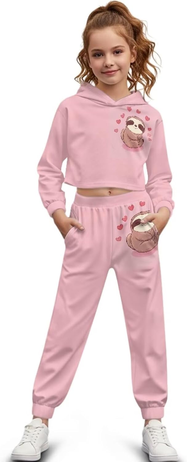 2 Pieces Athletic Sweatsuit Set for Girls Casual Hoodies Pullover Sweatshirt with Jogger Sweatpants