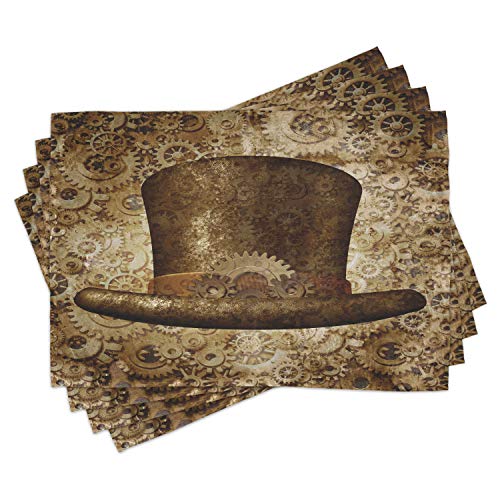 Lunarable Victorian Place Mats Set of 4 Steampunk Hat Fantasy Science Fiction Concept Futuristic Gears Cogs Print Washable Fabric Placemats for Dining Table Standard Size Sand Brown