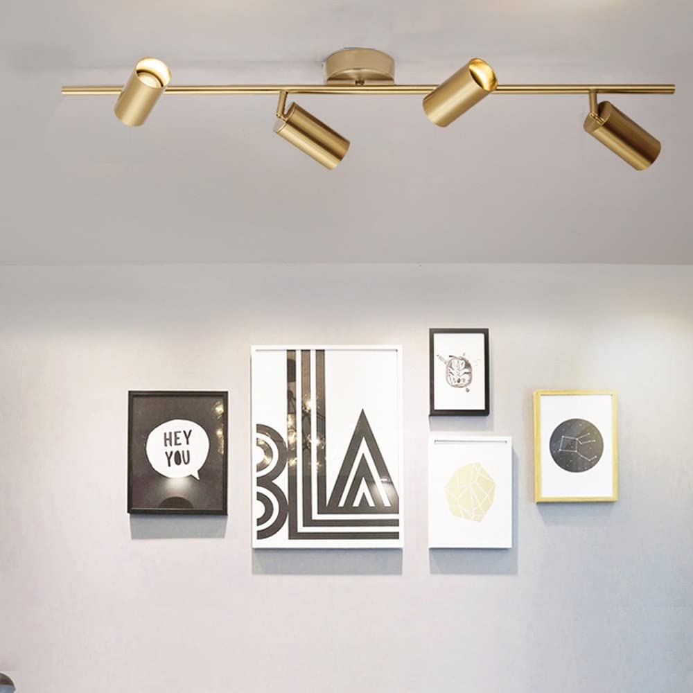 4 Lumières Spots Fixes sur Rail - Spot de Plafond Moderne en Laiton Brossé Spot Encastré Prise GU10 pour Galerie Couloir Armoire Cuisine Salle à Manger - Doré