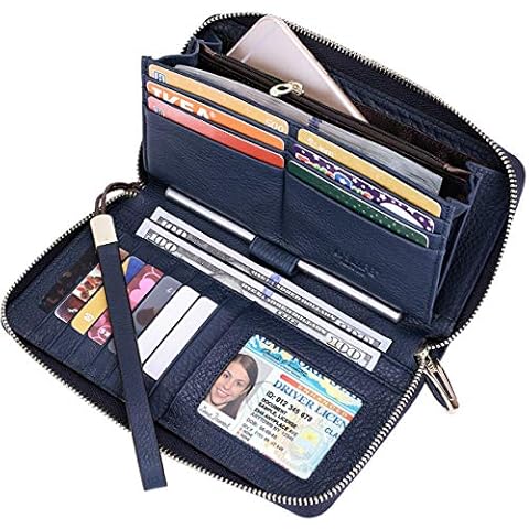 ITSLIFE Womens Itslife Rfid Blocking Wallet Leather Zip Around Phone Clutch Large Travel Purse Wristlet (Blue) Cover