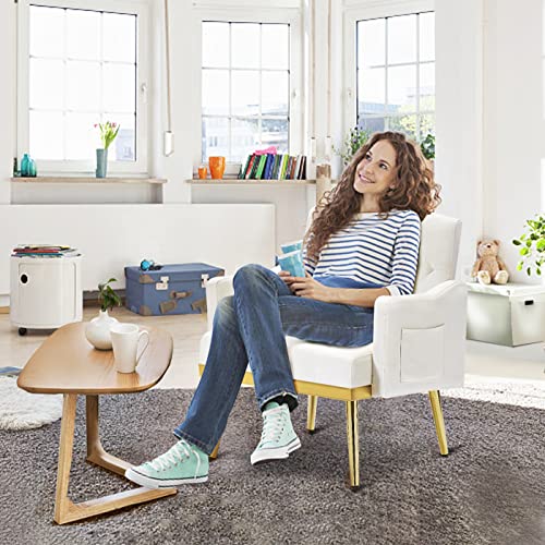 Antetek Upholstered Velvet Accent Chair, Modern Armchair Single Sofa Arm Chair With Golden Metal Legs, Tufted Lounge Reading Chair For Living Room, Bedroom, Office, Light Beige #TOP5