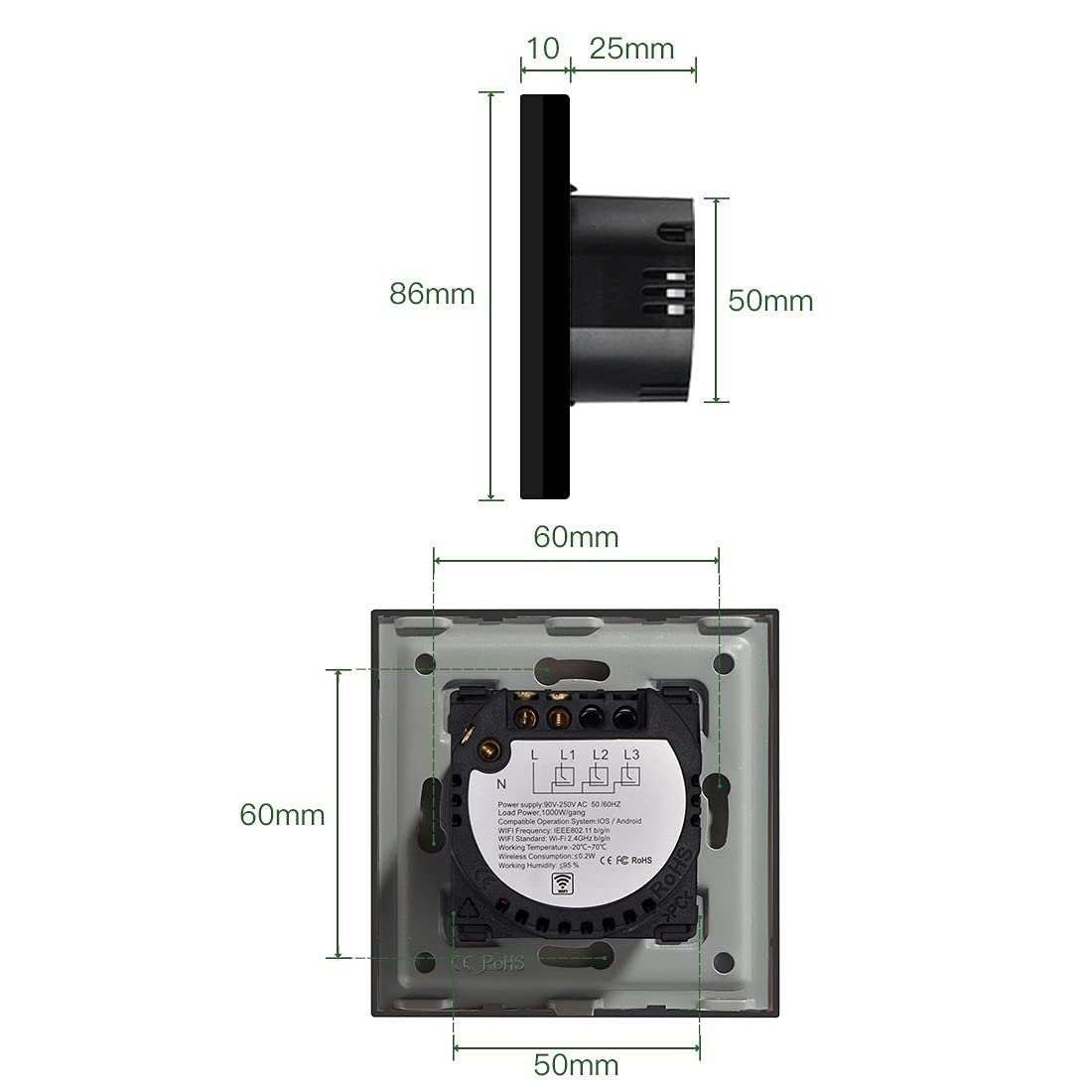 Interruptor Tactil, Interruptor Tactil Pared 2pack Light Touch Interruptor 1 Ganda 1/2/3 Way Smart Wall Interruptores Interruptores inalámbricos Interruptores de inicio inteligente 3 Posiciones(Gold)
