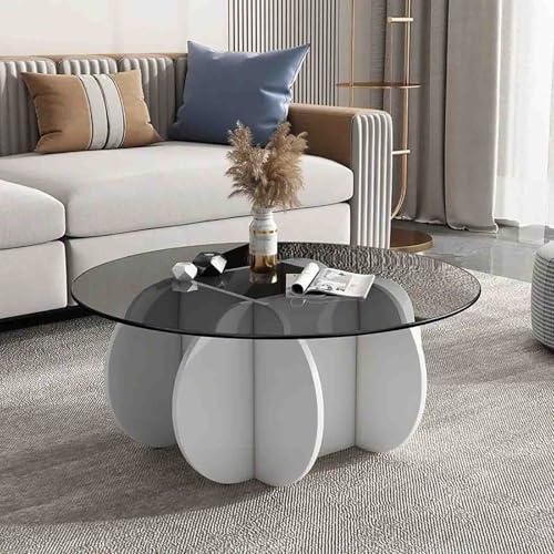 Mesa de centro redonda con parte superior de vidrio templado y base de madera maciza para sala de estar y patio