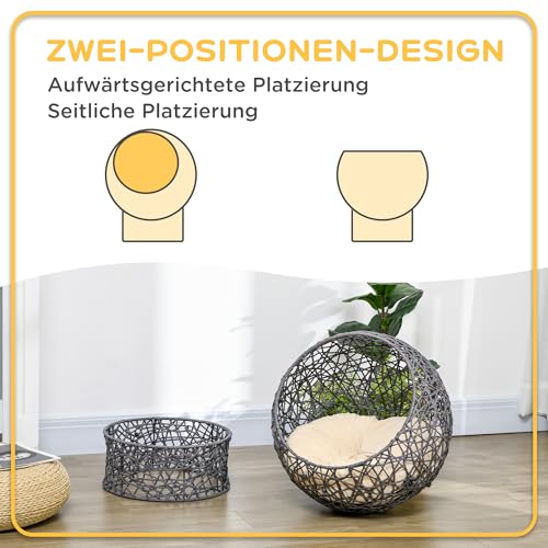 PawHut Katzenkorb, Katzenhöhle mit Kissen, Katzenhütte aus Polyester-Seil, Katzenbett mit Zylindrischem Sockel, Haustierbett, Violett+Cremeweiß, 50 x 50 x 60 cm