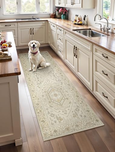SERISSA Boho Washable Runner Rug, 2x5 Non-Slip Kitchen Runner Rug Vintage Beige Hallway Rug Ultra Soft Print Distressed Oriental Floor Carpet Runner for Bedroom Bathroom Laundry Living Room