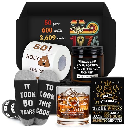 Pradnel 50th Birthday Gifts for Him Cool Gifts for 50 Year Old Man Happy 50th Birthday Decorations for Men Vintage 1976 Wine GlassToilet Paper Roll Novelty Socks Funny 50 Year Old Gift ideas for Mens