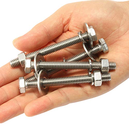 Image of M6-1.0 x 80mm Hex Head Bolts, Hex Nuts, Extra-Large and Thick Flat & Lock Washers, Fully Threaded, 304 Stainless Steel, 8 Sets
