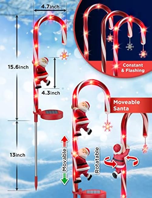 Solar Christmas Decorations Candy Cane Lights, Solar Xmas Pathway Markers Lights, Outdoor Decor Stake with Snowflowers & Santa, Constant & Flash Modes 8 LED Lights for Garden Patio Yard Lawn, 2 Pieces